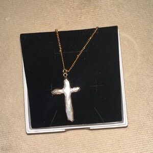 ALRNBY Pearl Cross Necklace Natural Chunky Baroque Style 18k Gold Plated